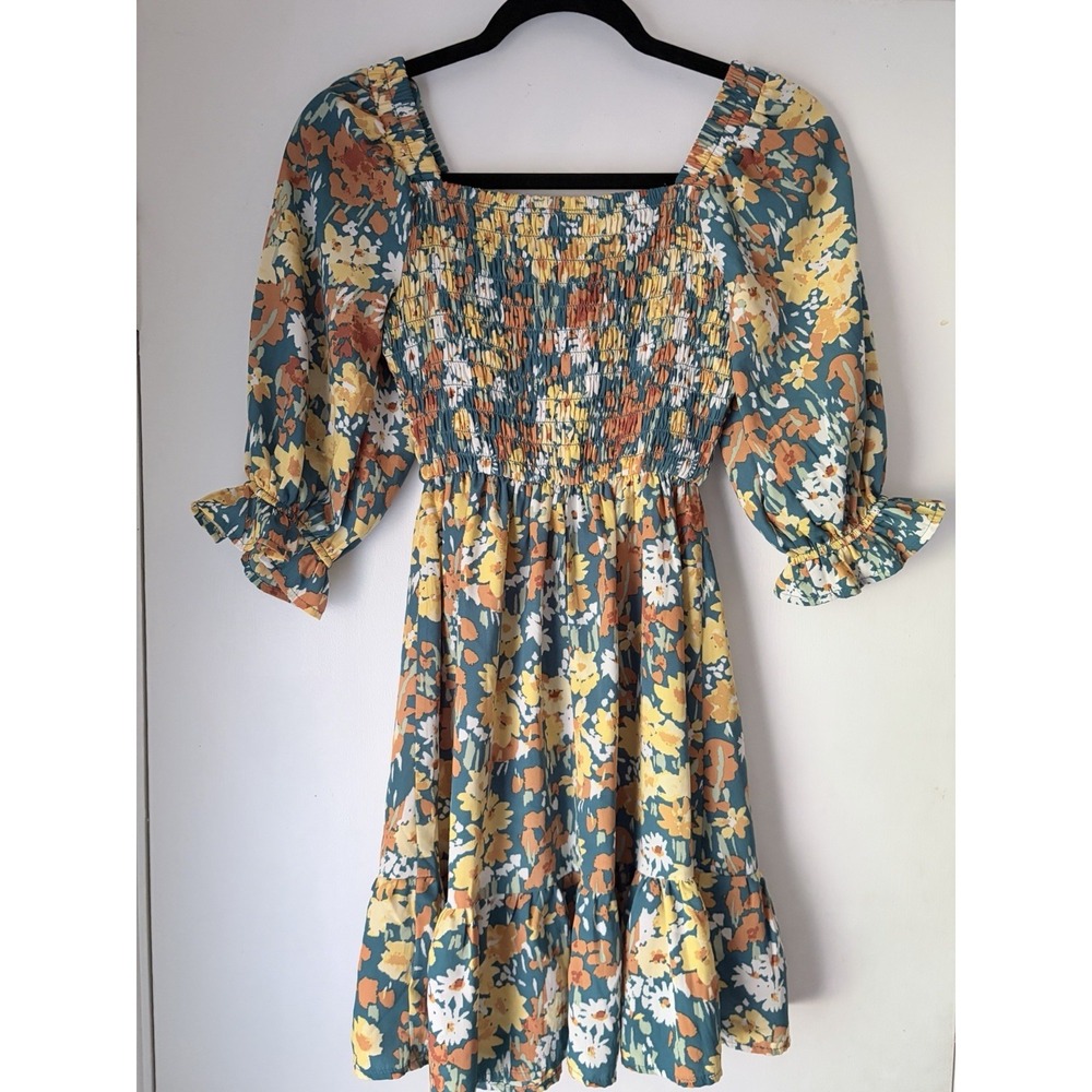 Jessica Simpson Floral Smocked Square Neck Puff Sleeve A-Line Short Dress M